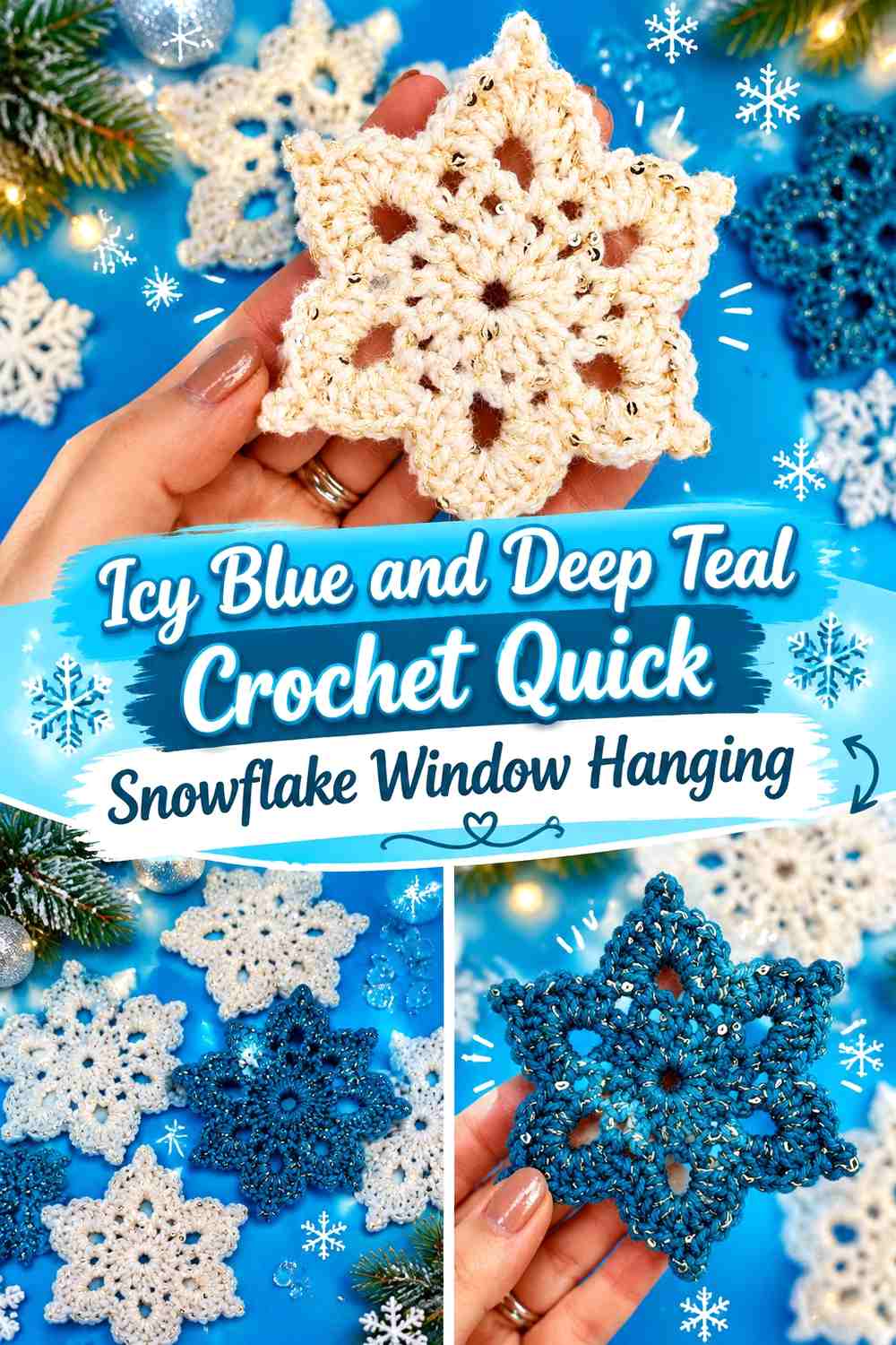 Icy Blue and Deep Teal Crochet Quick Snowflake Window Hanging