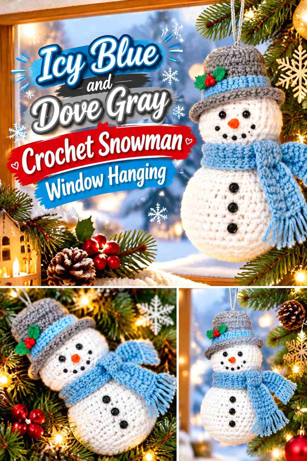 Icy Blue and Dove Gray Crochet Snowman Window Hanging