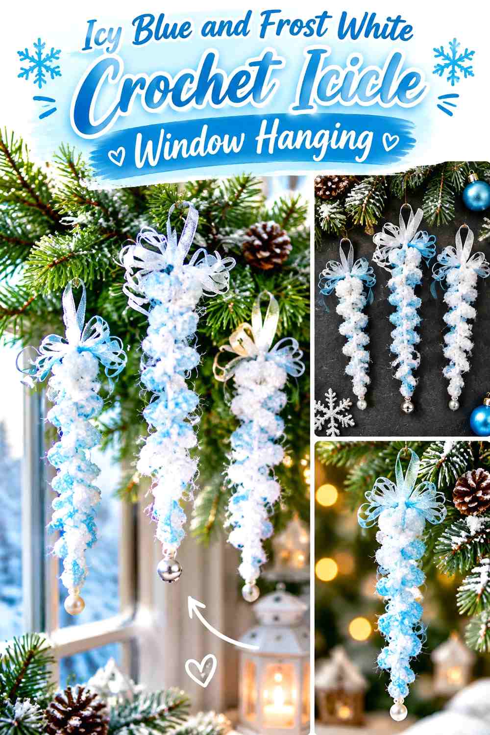 Icy Blue and Frost White Crochet Icicle Window Hanging