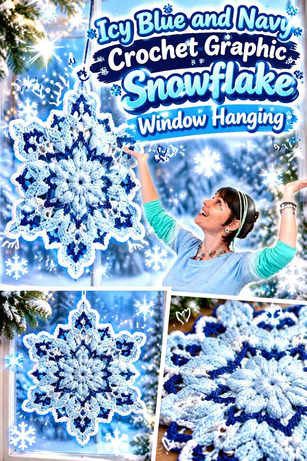 Icy Blue and Navy Crochet Graphic Snowflake Window Hanging