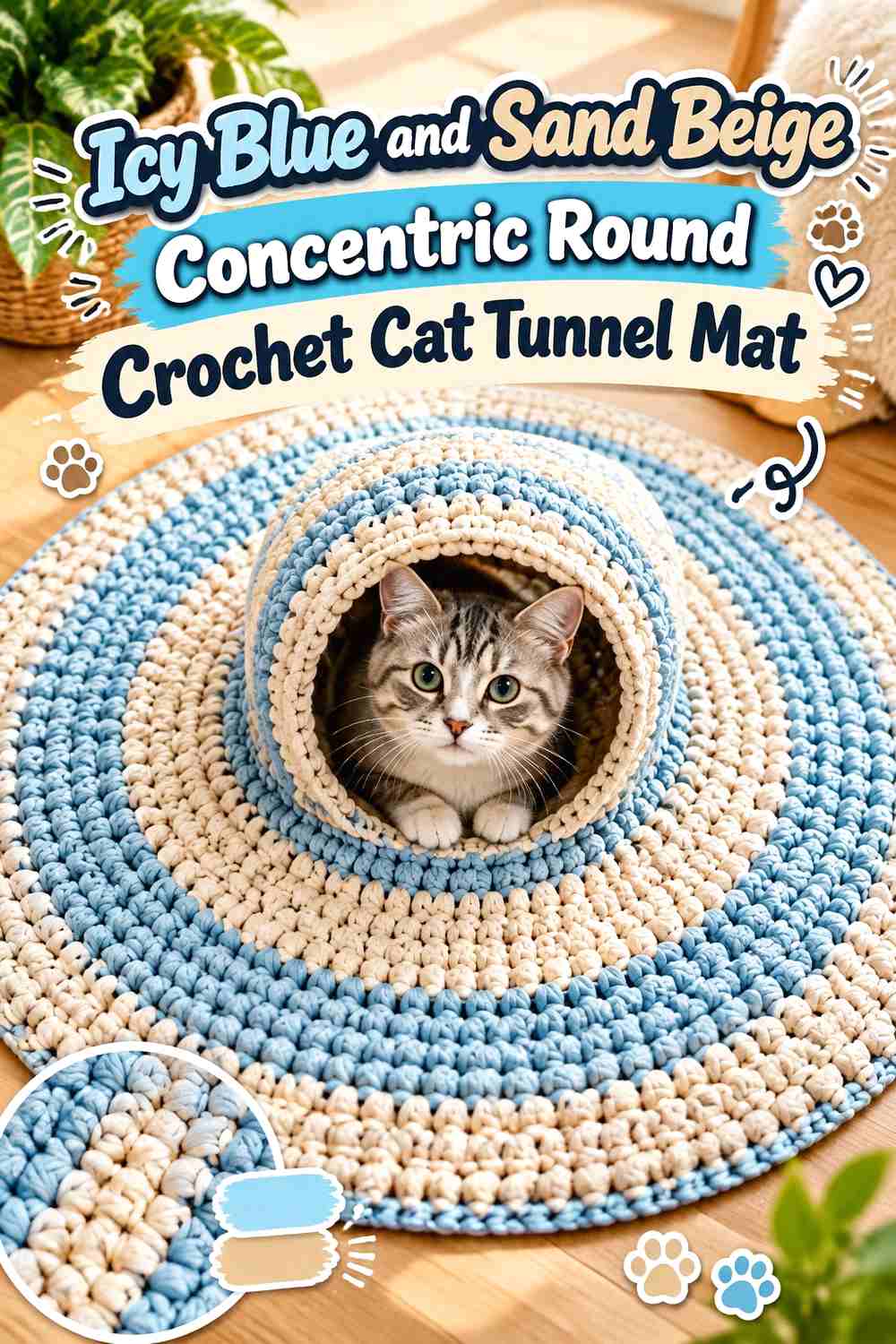 Icy Blue and Sand Beige Concentric Round Crochet Cat Tunnel Mat