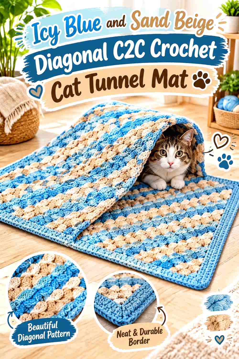 Icy Blue and Sand Beige Diagonal C2C Crochet Cat Tunnel Mat