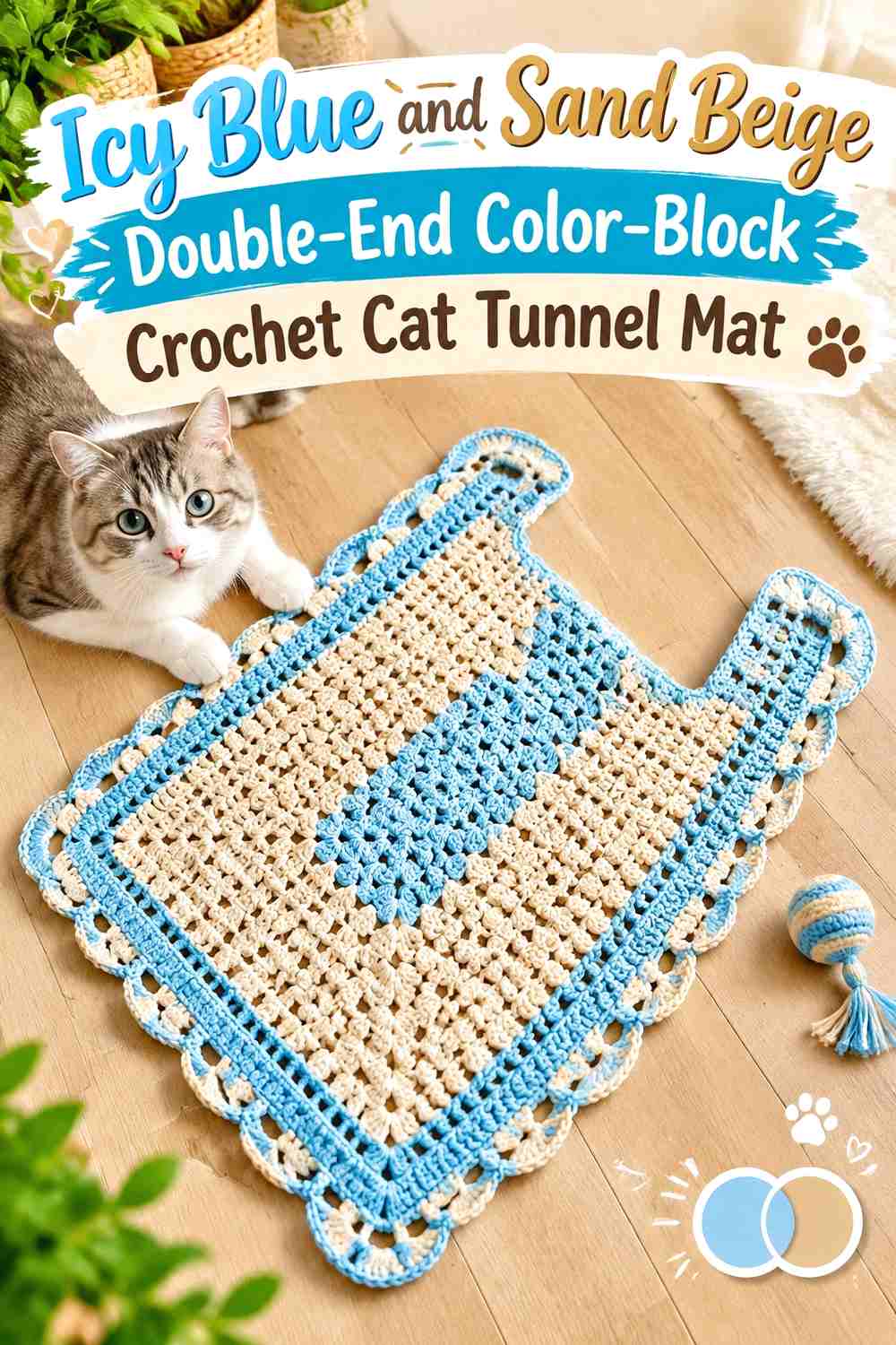 Icy Blue and Sand Beige Double-End Color-Block Crochet Cat Tunnel Mat