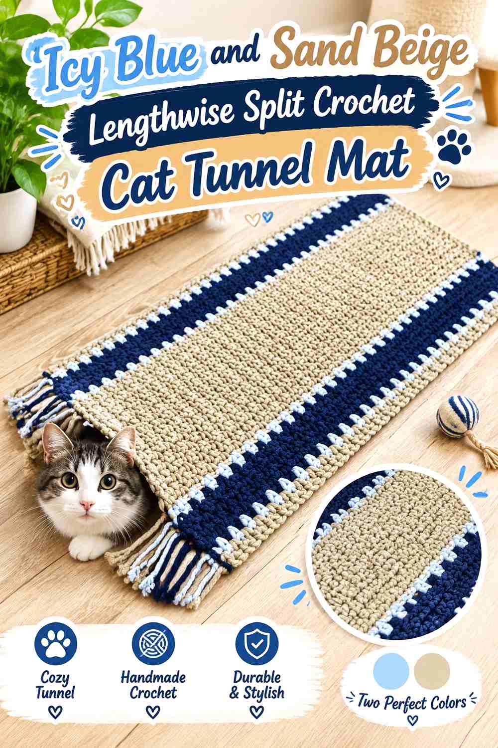 Icy Blue and Sand Beige Lengthwise Split Crochet Cat Tunnel Mat
