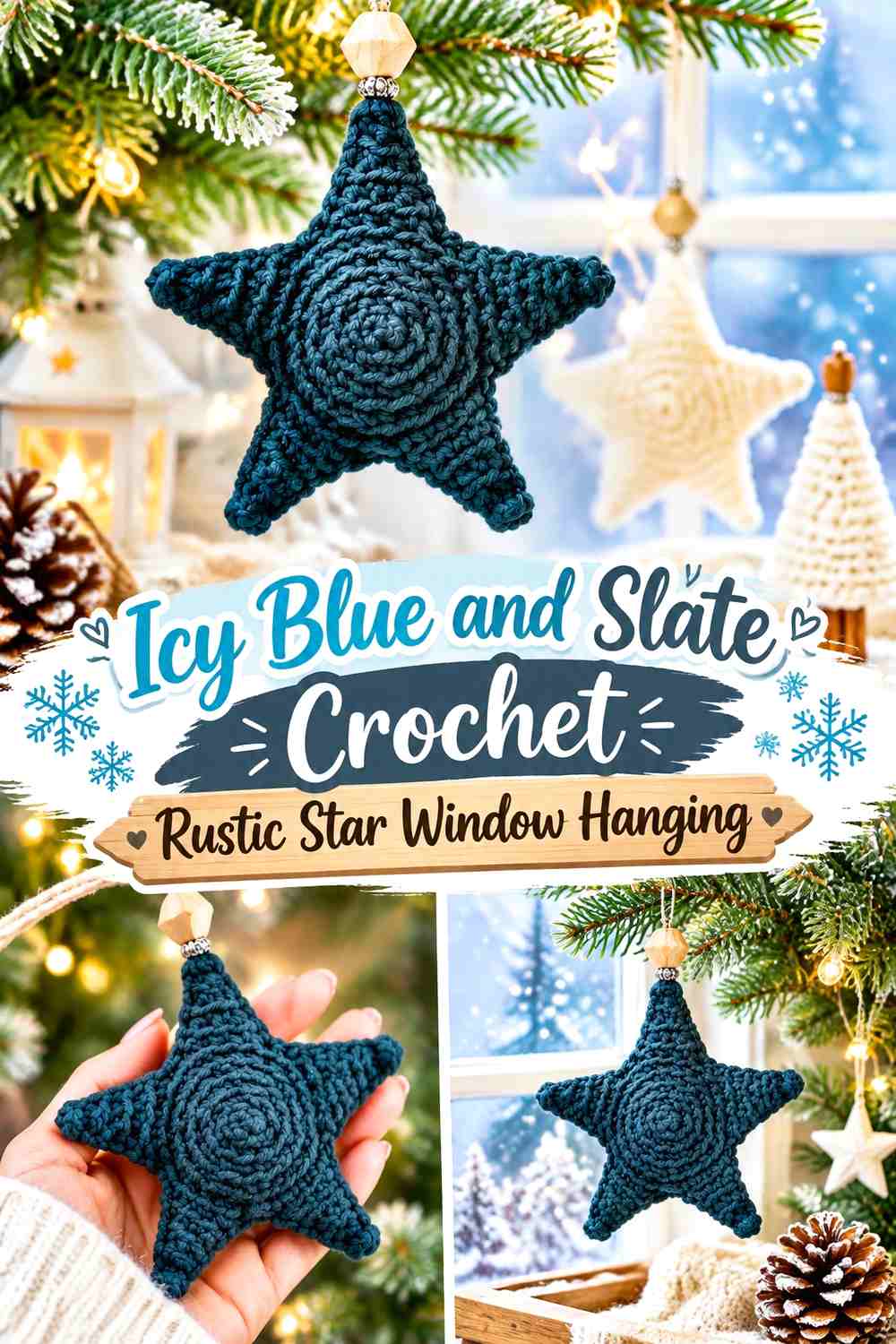 Icy Blue and Slate Crochet Rustic Star Window Hanging