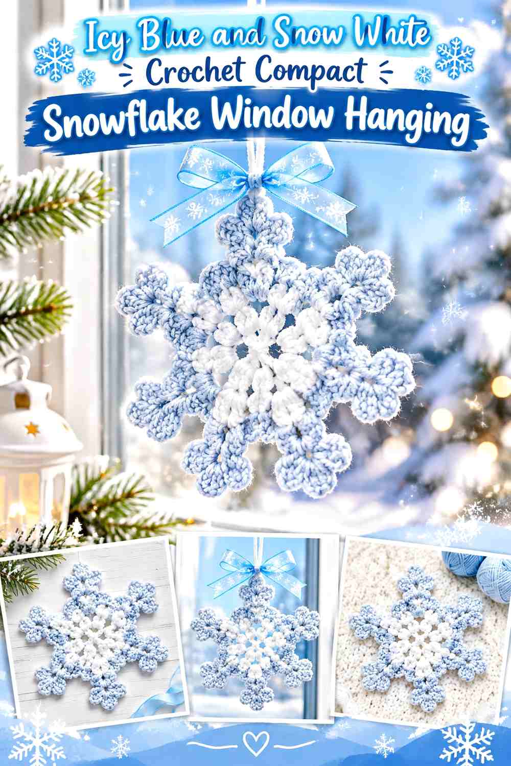 Icy Blue and Snow White Crochet Compact Snowflake Window Hanging