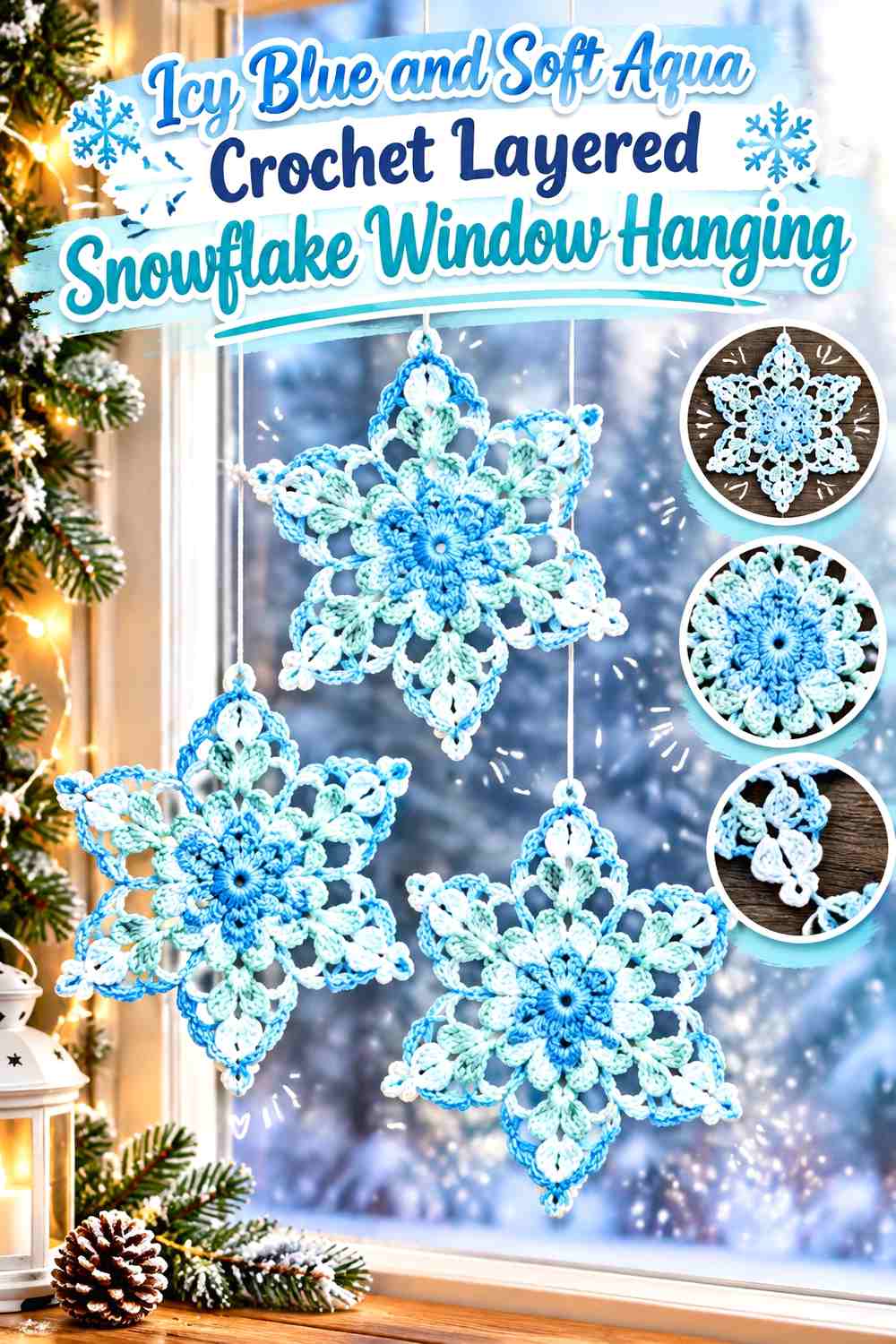 Icy Blue and Soft Aqua Crochet Layered Snowflake Window Hanging