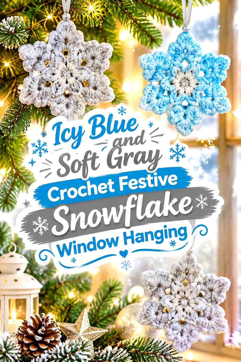 Icy Blue and Soft Gray Crochet Festive Snowflake Window Hanging