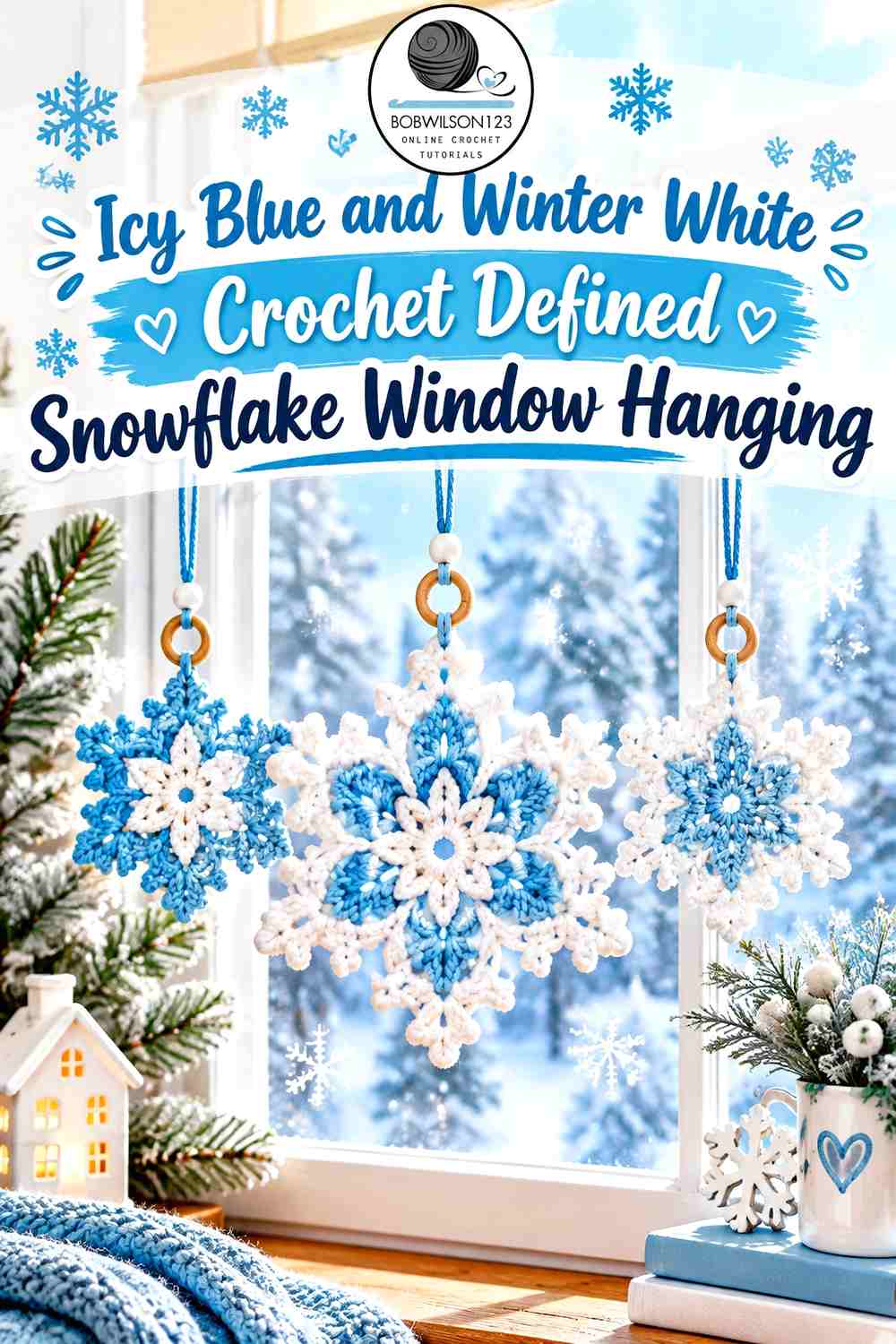 Icy Blue and Winter White Crochet Defined Snowflake Window Hanging
