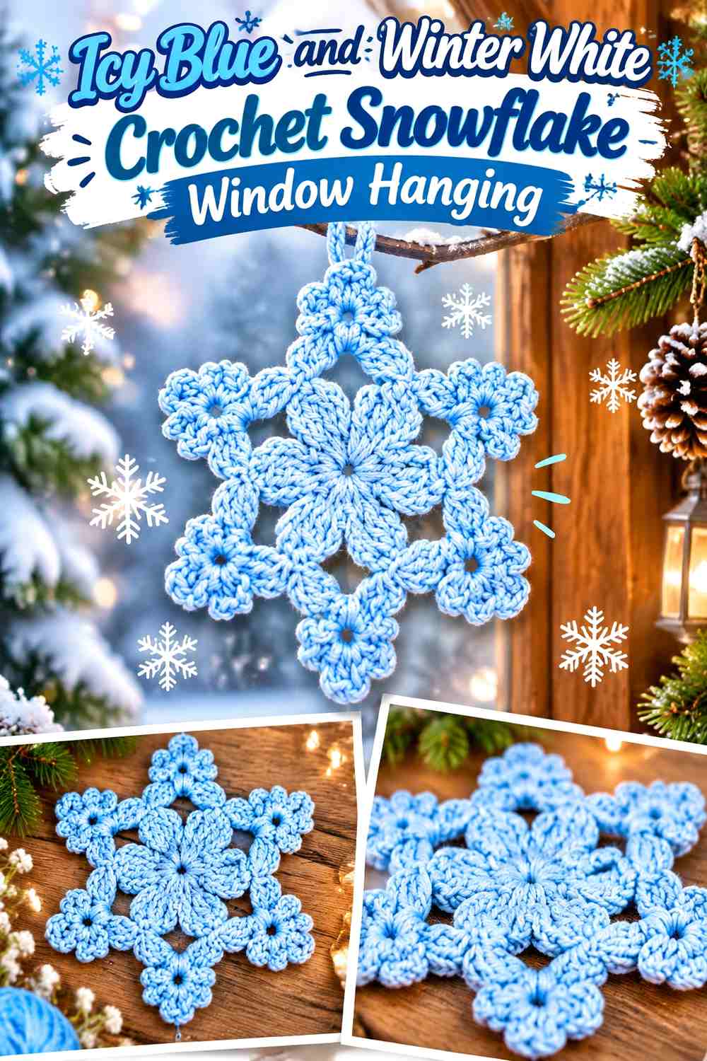 Icy Blue and Winter White Crochet Snowflake Window Hanging