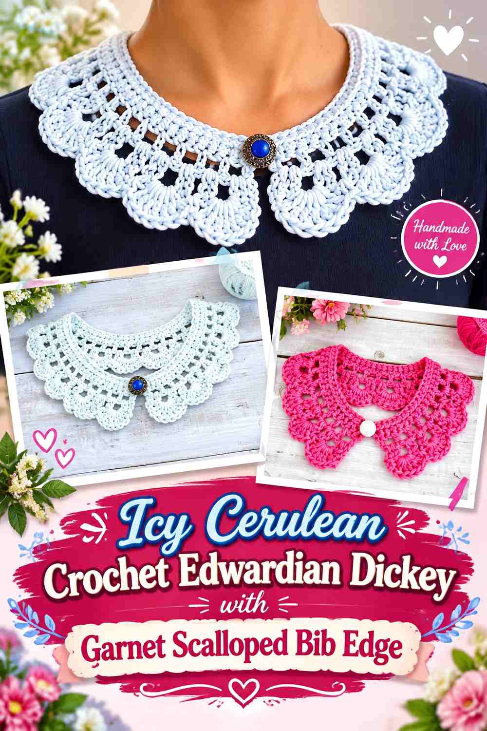 Icy Cerulean Crochet Edwardian Dickey with Garnet Scalloped Bib Edge