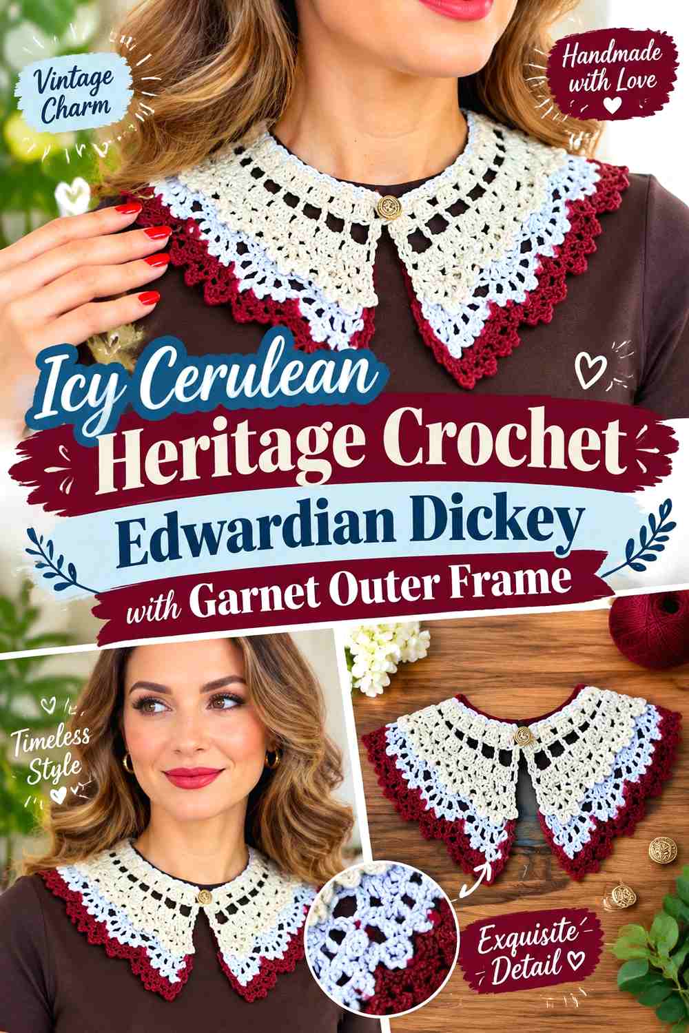 Icy Cerulean Heritage Crochet Edwardian Dickey with Garnet Outer Frame