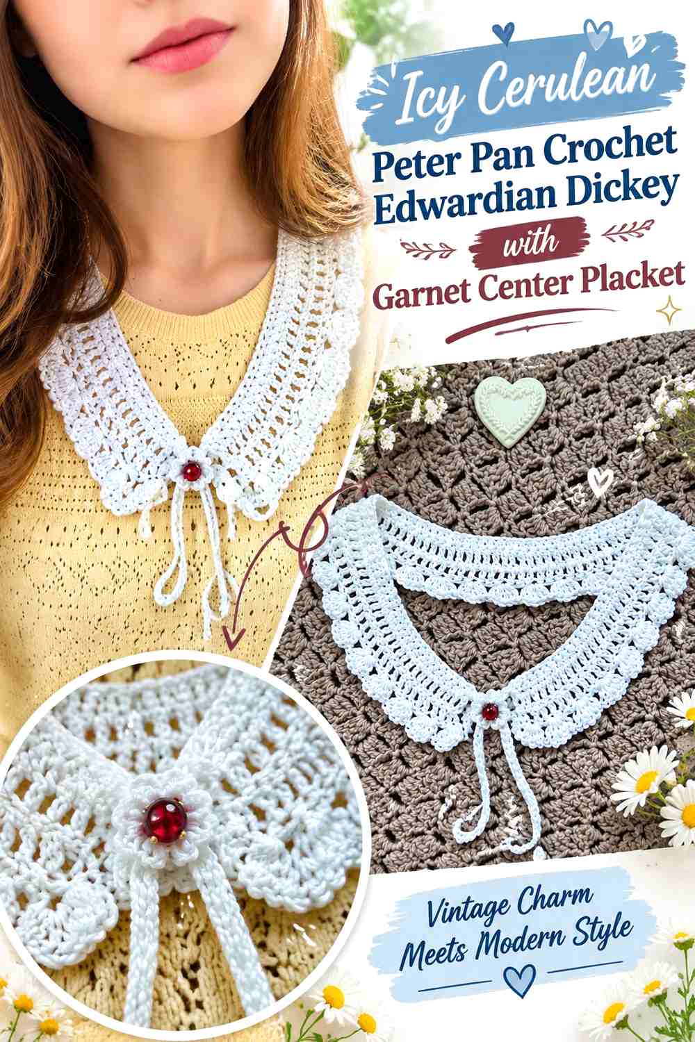 Icy Cerulean Peter Pan Crochet Edwardian Dickey with Garnet Center Placket