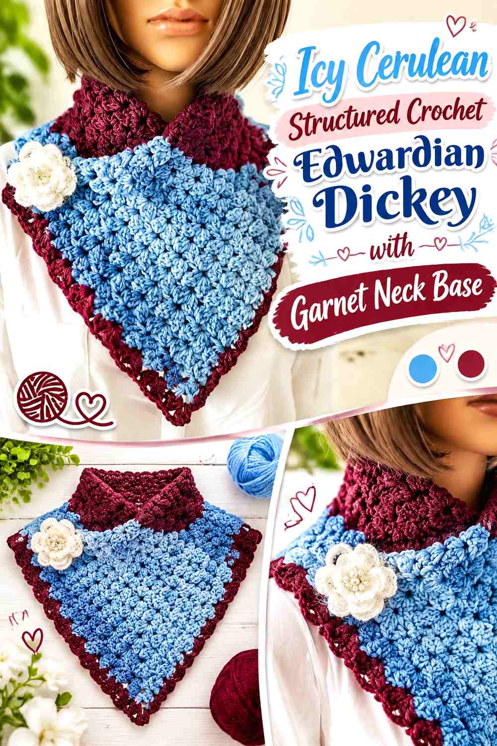 Icy Cerulean Structured Crochet Edwardian Dickey with Garnet Neck Base