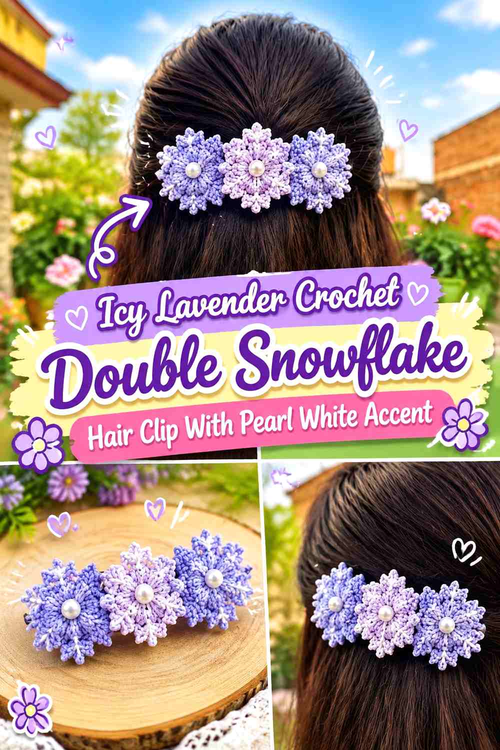 Icy Lavender Crochet Double Snowflake Hair Clip With Pearl White Accent
