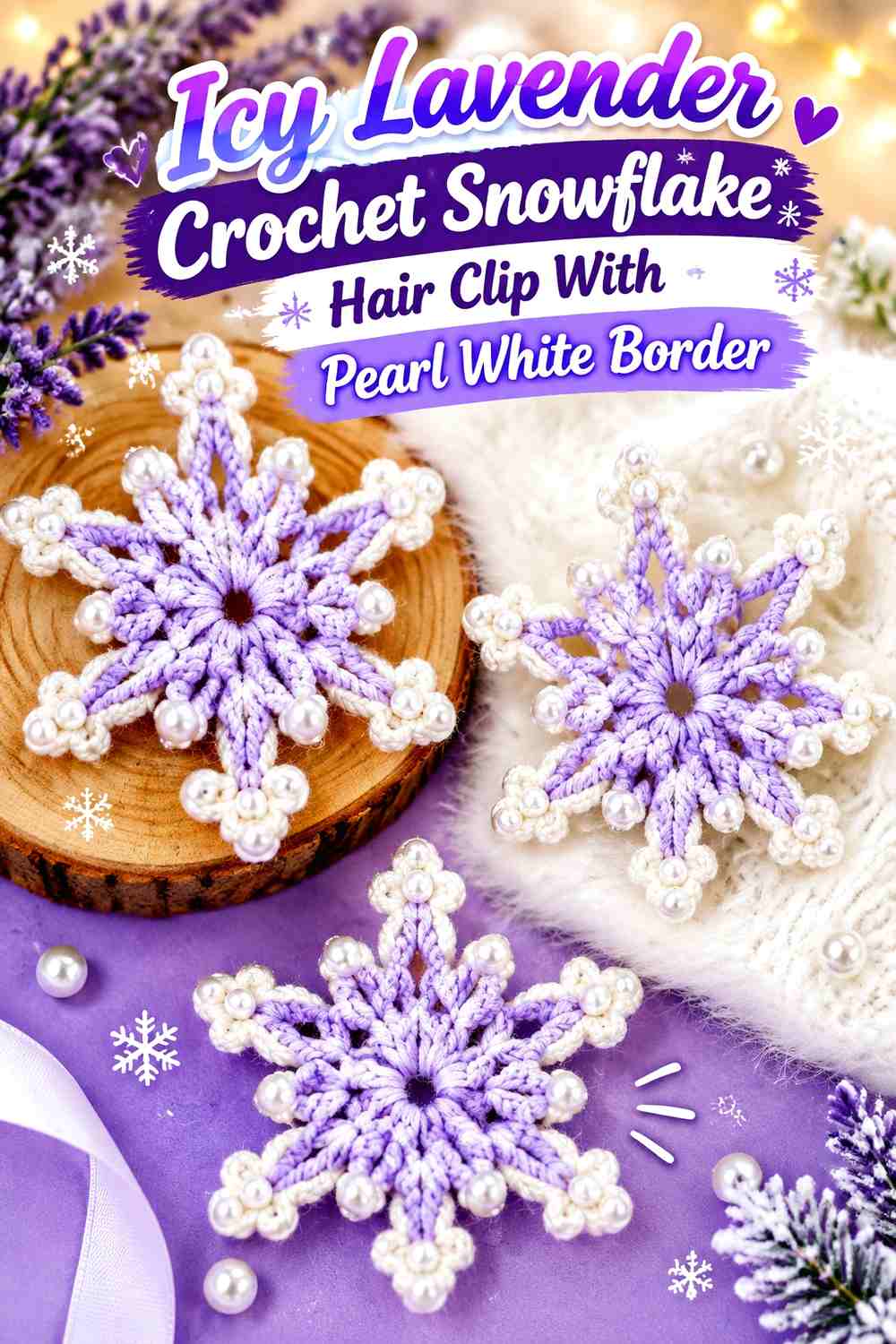 Icy Lavender Crochet Snowflake Hair Clip With Pearl White Border