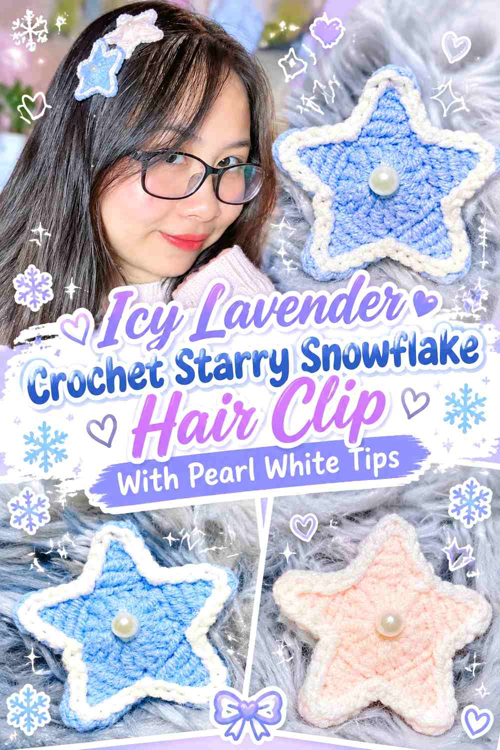 Icy Lavender Crochet Starry Snowflake Hair Clip With Pearl White Tips