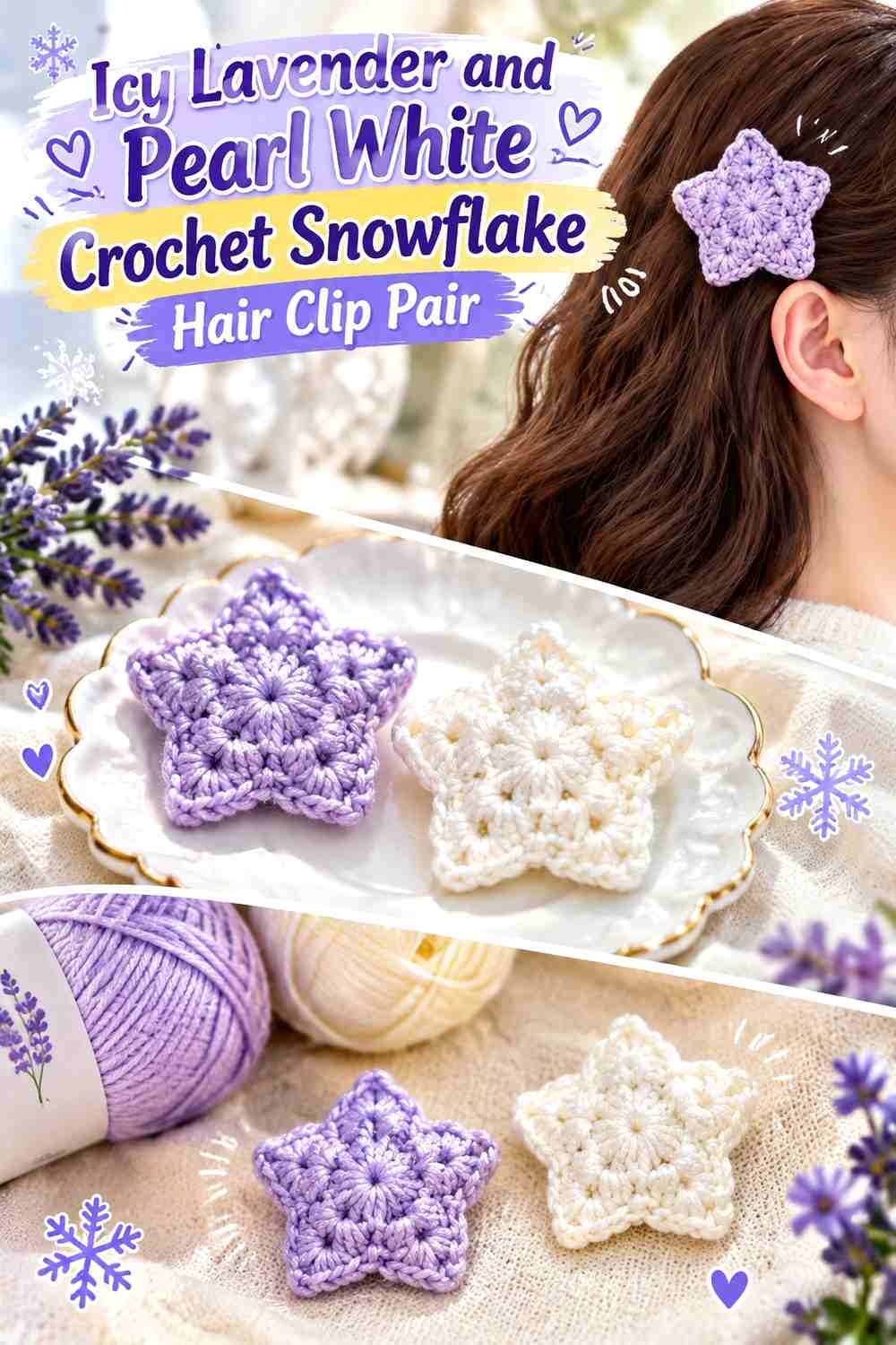 Icy Lavender and Pearl White Crochet Snowflake Hair Clip Pair
