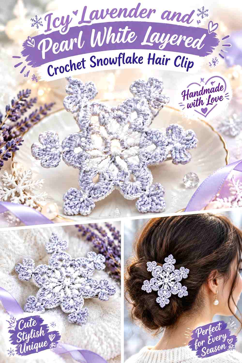 Icy Lavender and Pearl White Layered Crochet Snowflake Hair Clip