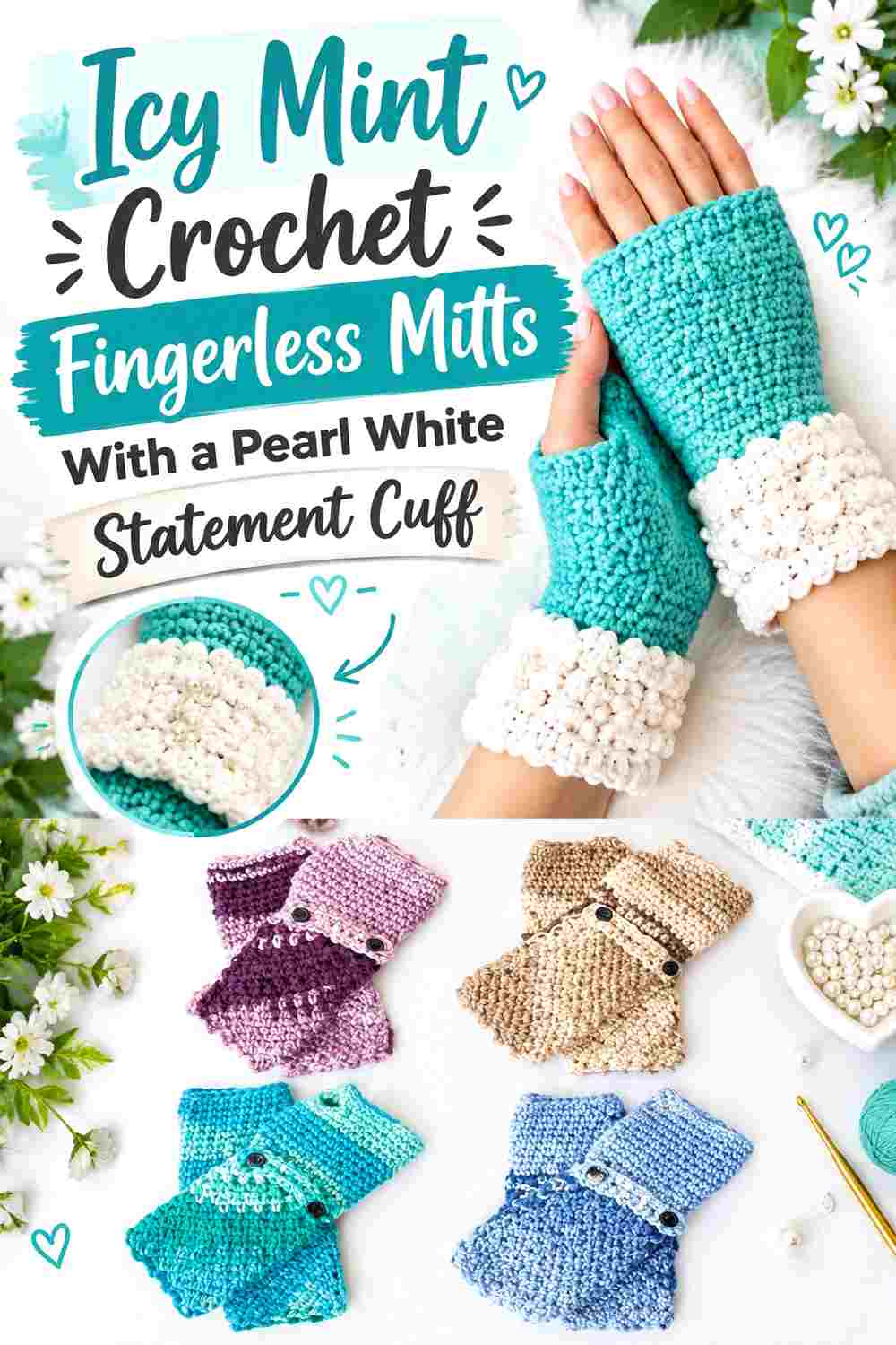 10. Icy Mint Crochet Fingerless Mitts With A Pearl White Statement Cuff