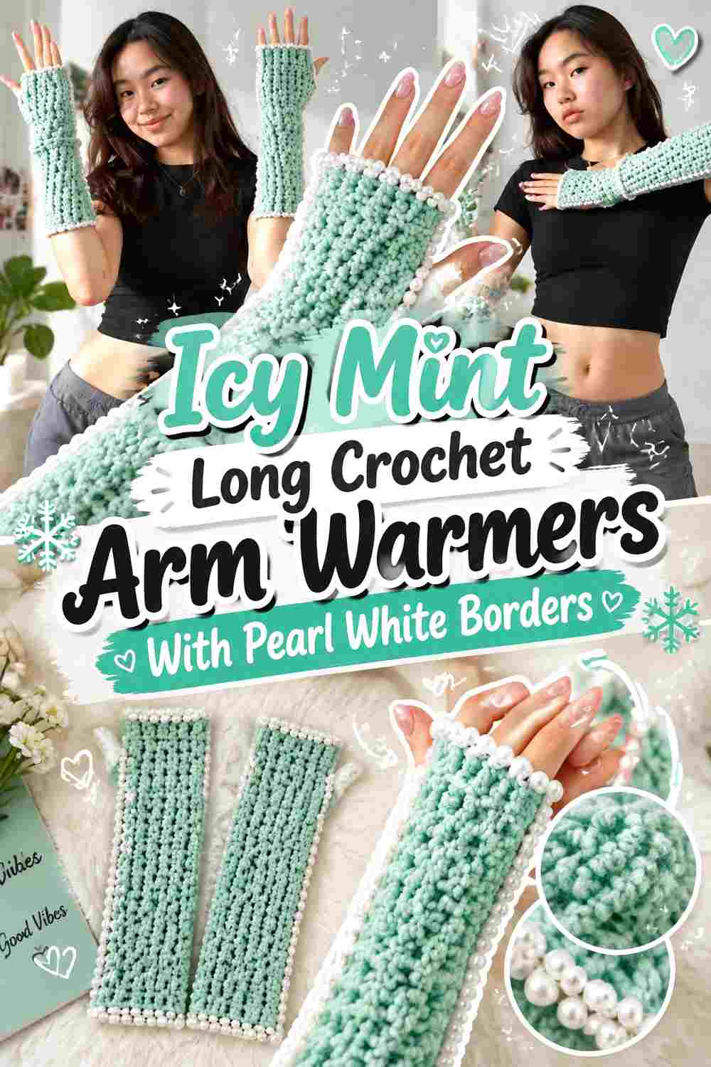 12. Icy Mint Long Crochet Arm Warmers With Pearl White Borders