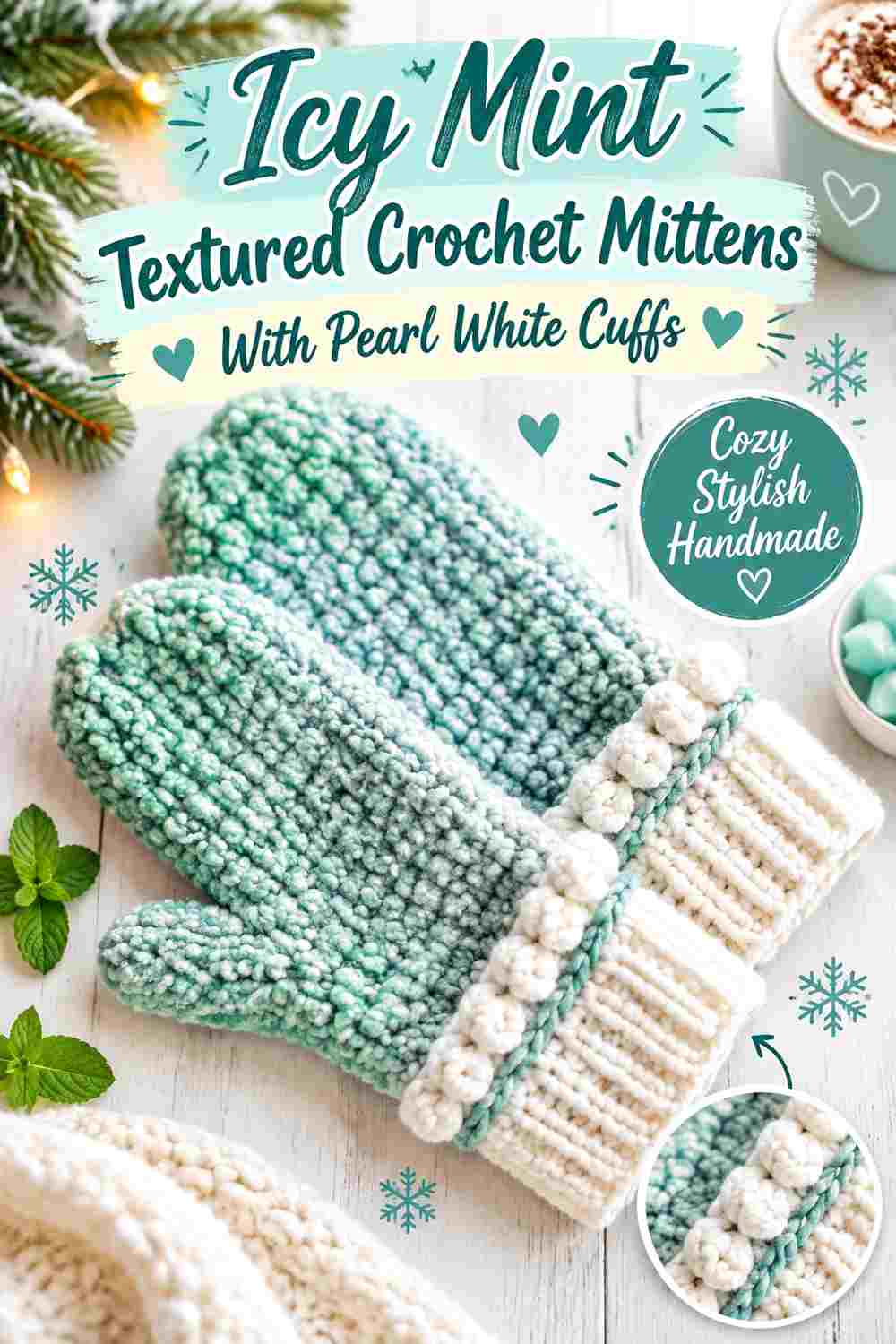 4. Icy Mint Textured Crochet Mittens With Pearl White Cuffs