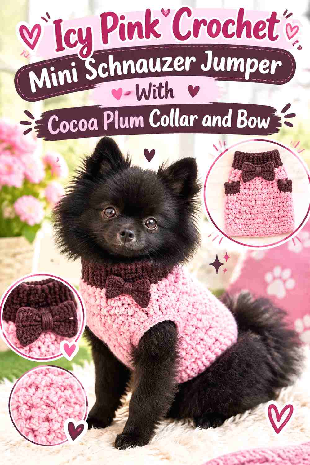 Icy Pink Crochet Mini Schnauzer Jumper With Cocoa Plum Collar and Bow