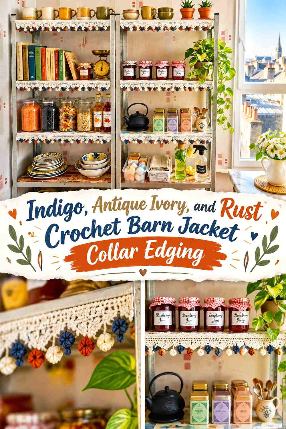 Indigo, Antique Ivory, and Rust Crochet Barn Jacket Collar Edging