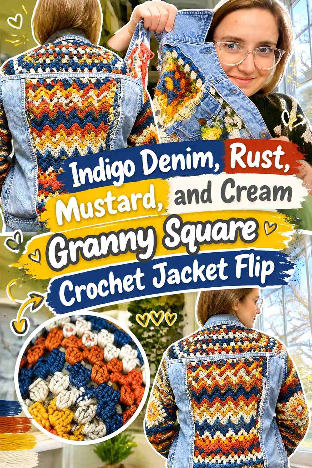 Indigo Denim, Rust, Mustard, and Cream Granny Square Crochet Jacket Flip