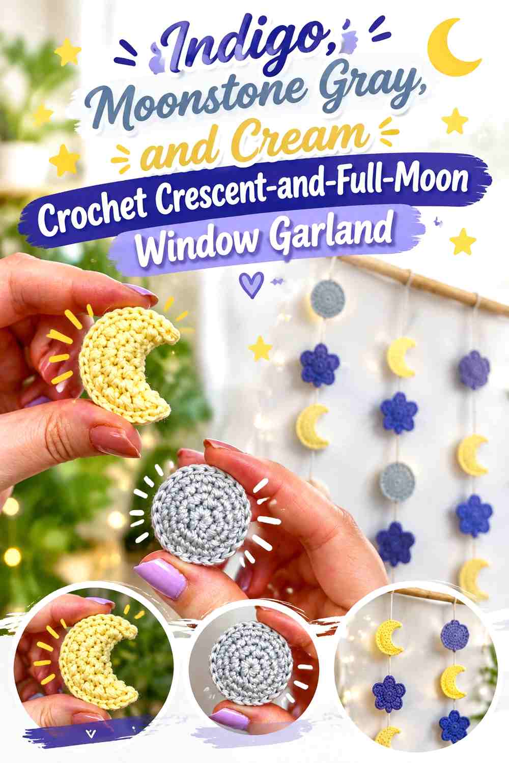 Indigo, Moonstone Gray, and Cream Crochet Crescent-and-Full-Moon Window Garland