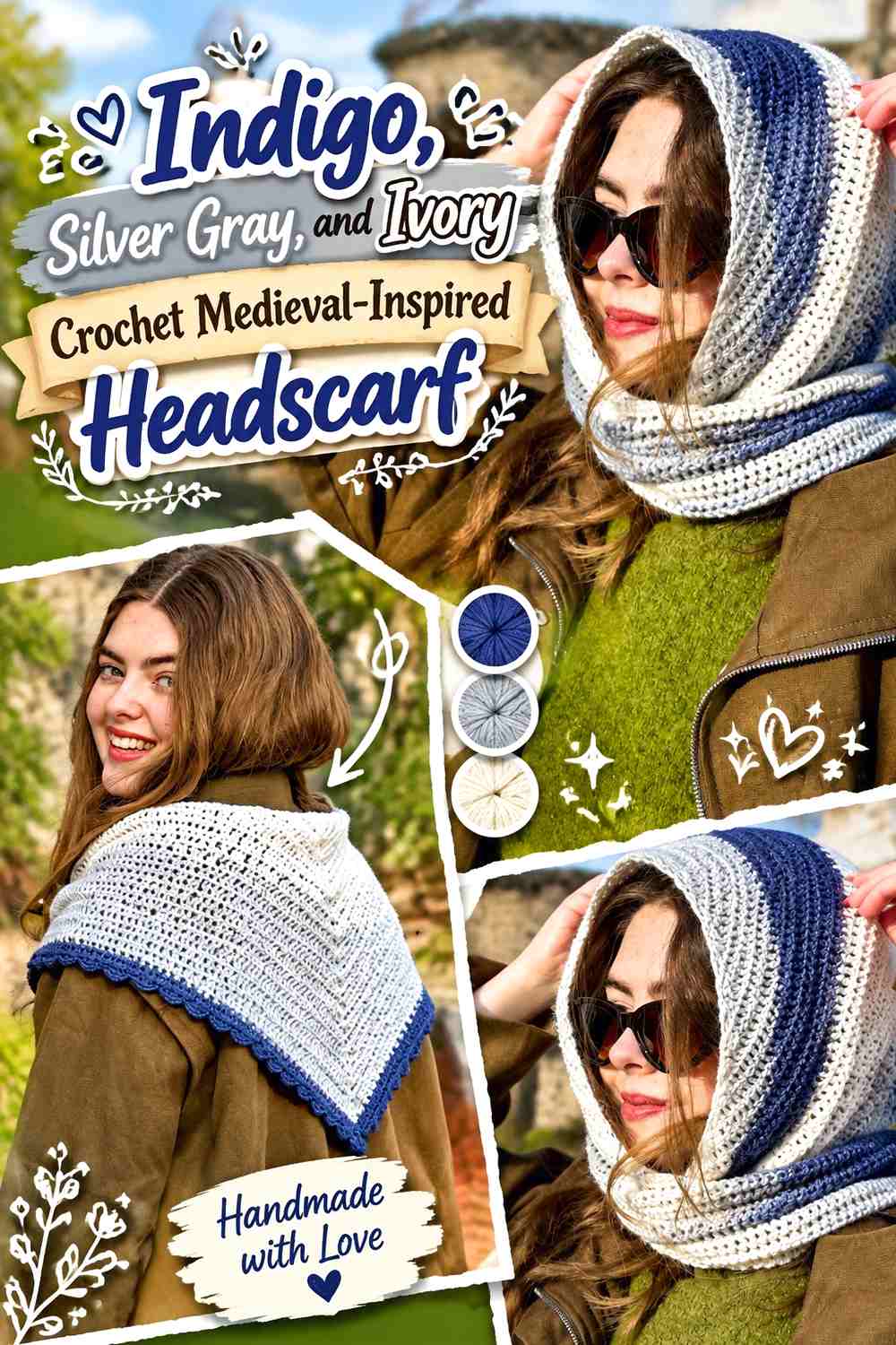 Indigo, Silver Gray, and Ivory Crochet Medieval-Inspired Headscarf