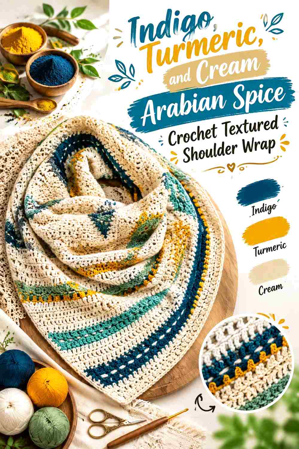 11. Indigo Turmeric And Cream Arabian Spice Crochet Textured Shoulder Wrap