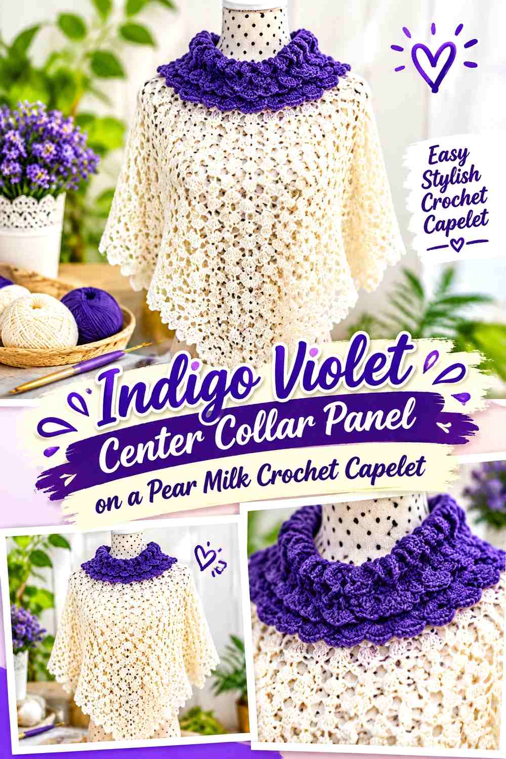 Indigo Violet Center Collar Panel on a Pear Milk Crochet Capelet