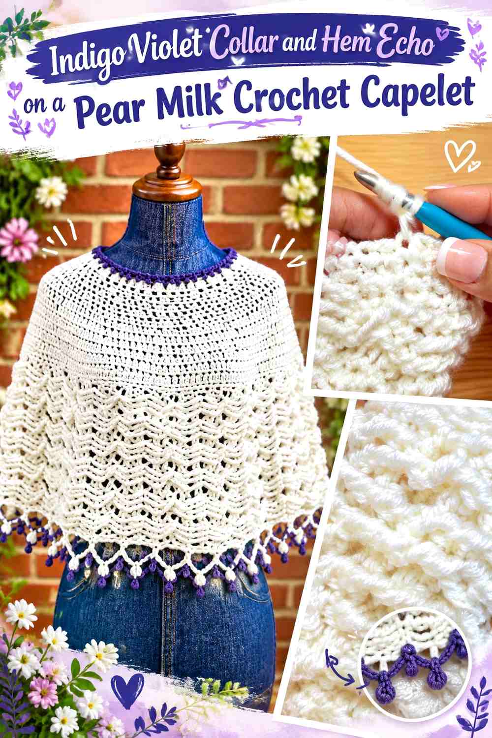 Indigo Violet Collar and Hem Echo on a Pear Milk Crochet Capelet