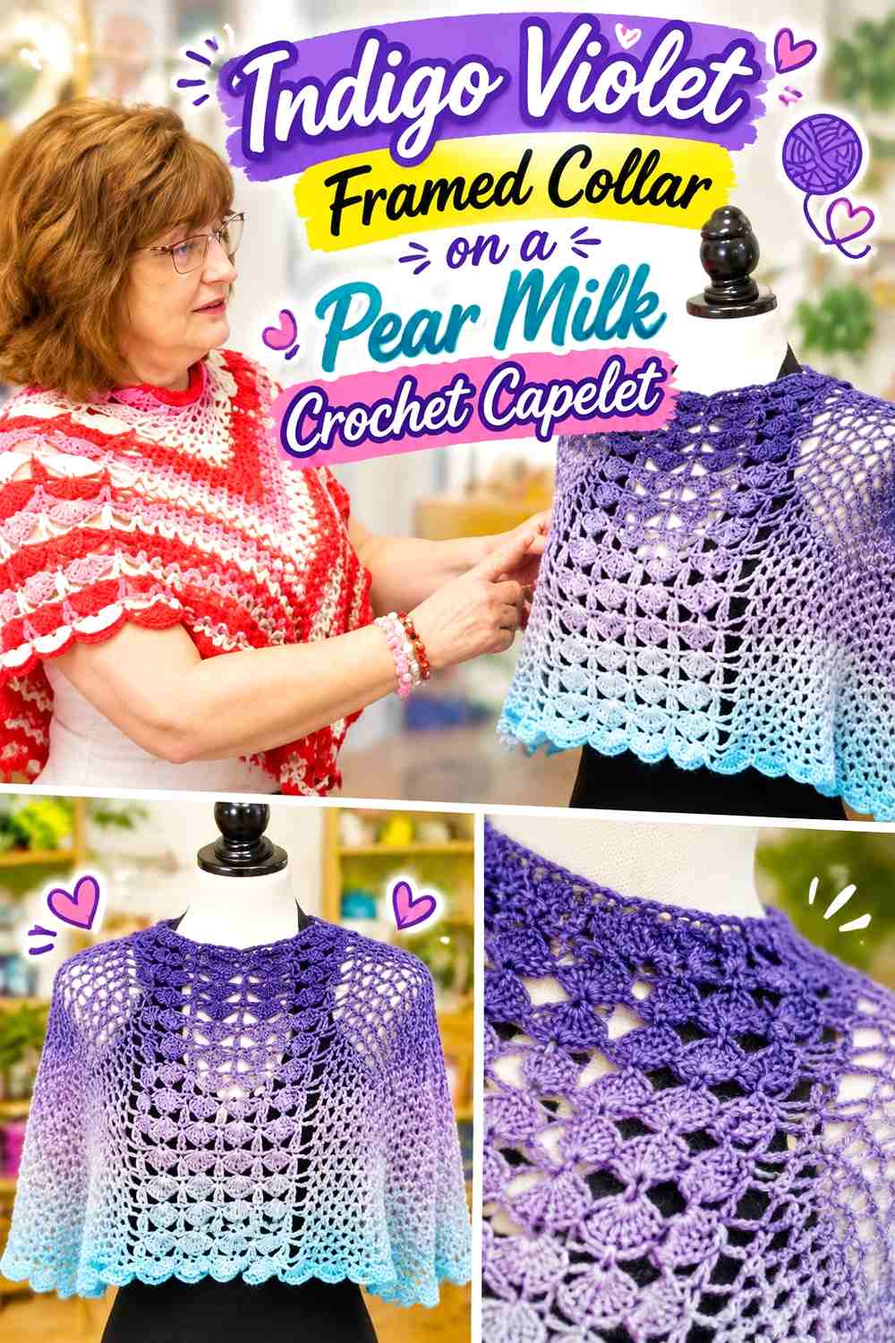 Indigo Violet Framed Collar on a Pear Milk Crochet Capelet