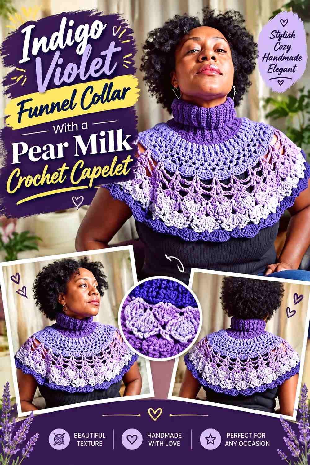 Indigo Violet Funnel Collar With a Pear Milk Crochet Capelet