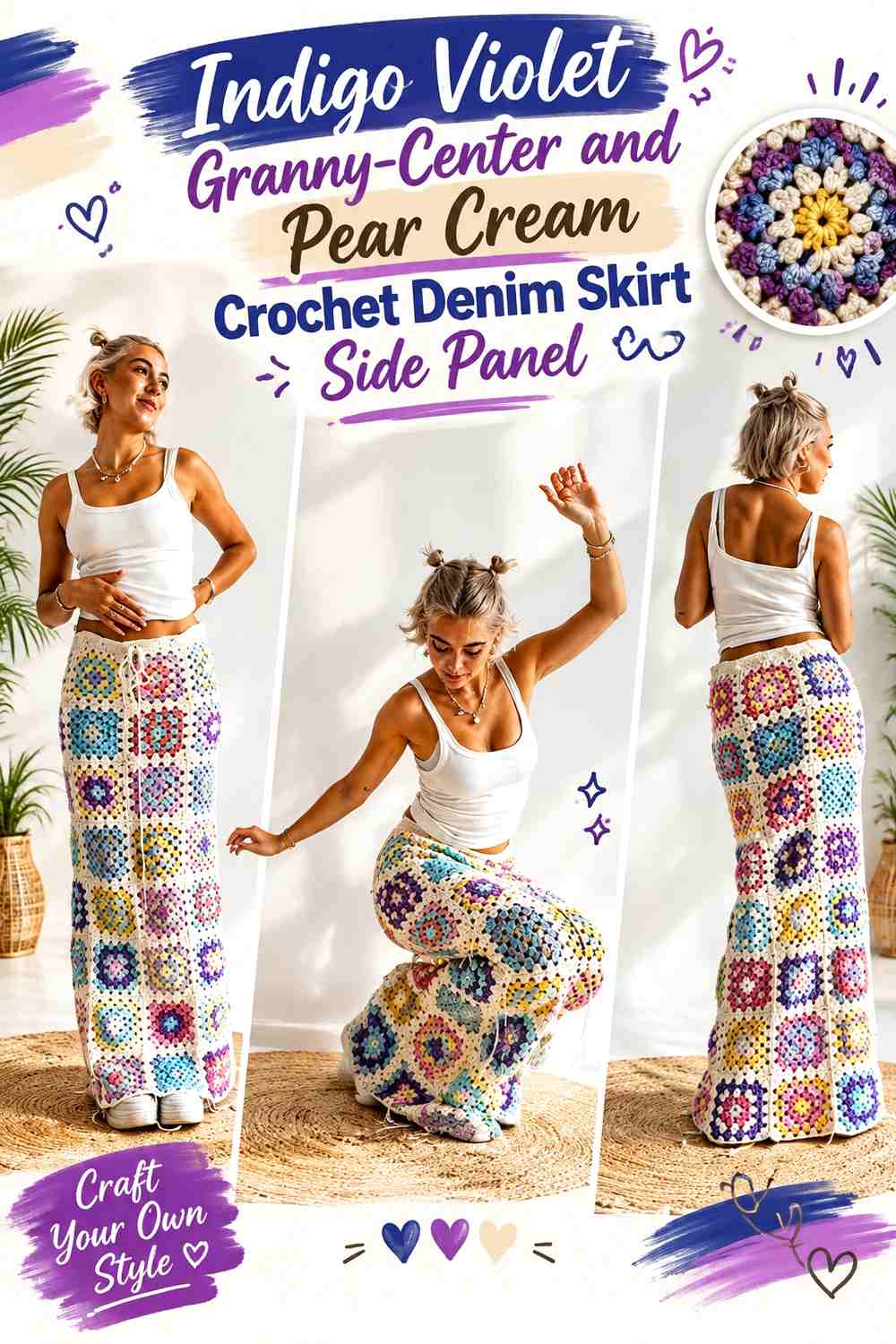 Indigo Violet Granny-Center and Pear Cream Crochet Denim Skirt Side Panel