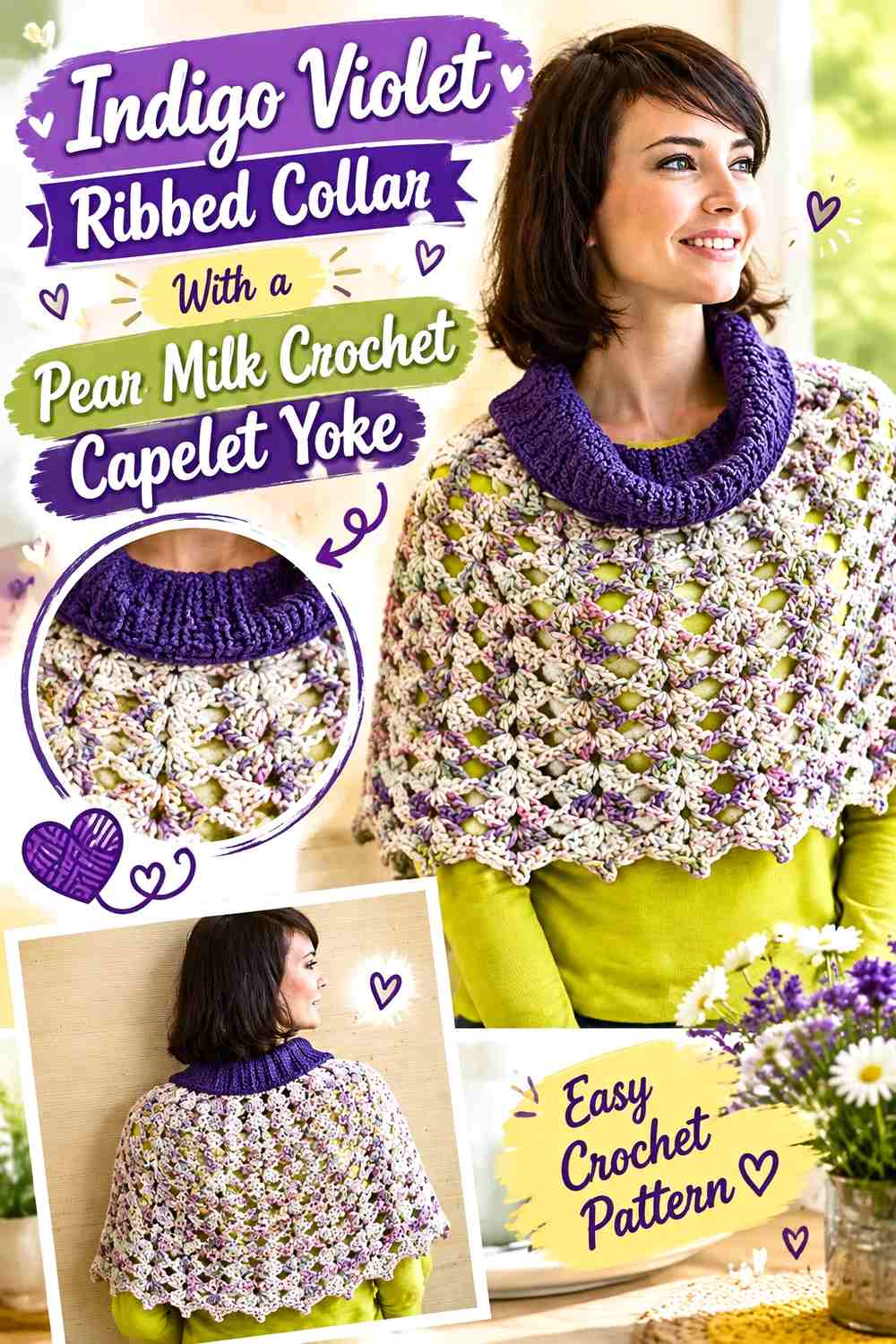Indigo Violet Ribbed Collar With a Pear Milk Crochet Capelet Yoke
