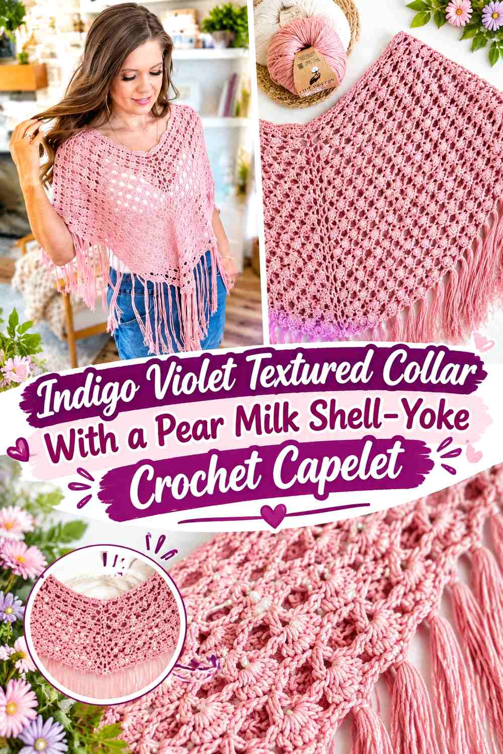 Indigo Violet Textured Collar With a Pear Milk Shell-Yoke Crochet Capelet