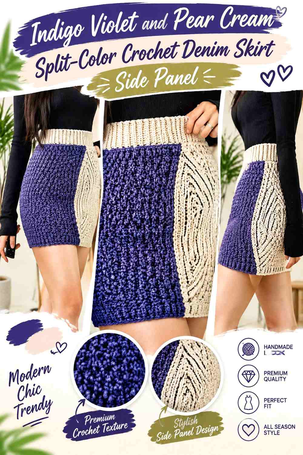 Indigo Violet and Pear Cream Split-Color Crochet Denim Skirt Side Panel