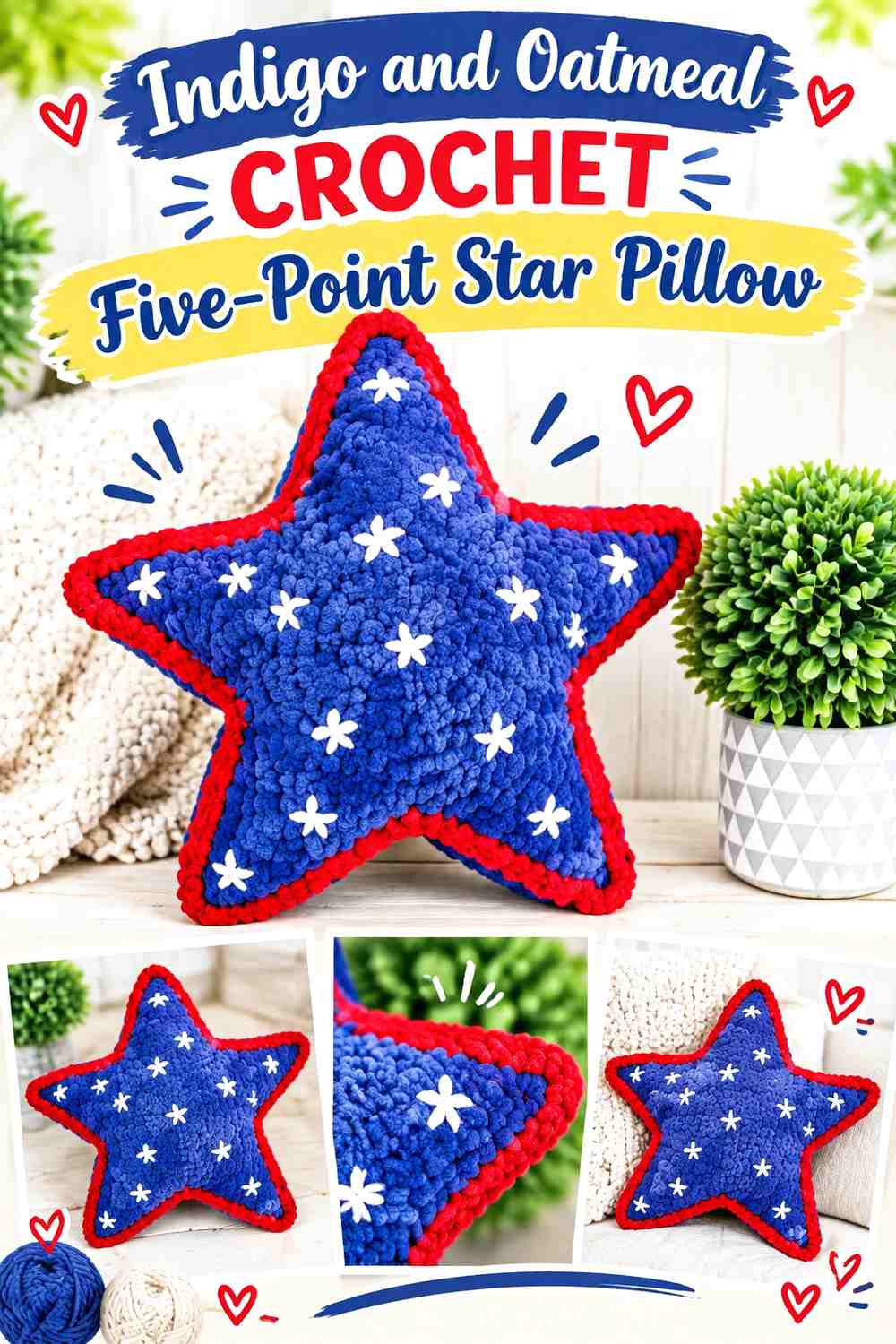 Indigo and Oatmeal Crochet Five-Point Star Pillow