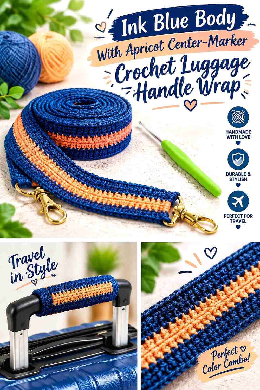 12. Ink Blue Body With Apricot Center Marker Crochet Luggage Handle Wrap