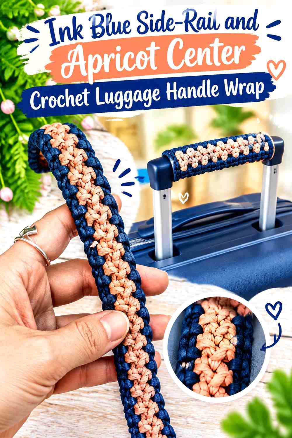 7. Ink Blue Side Rail And Apricot Center Crochet Luggage Handle Wrap