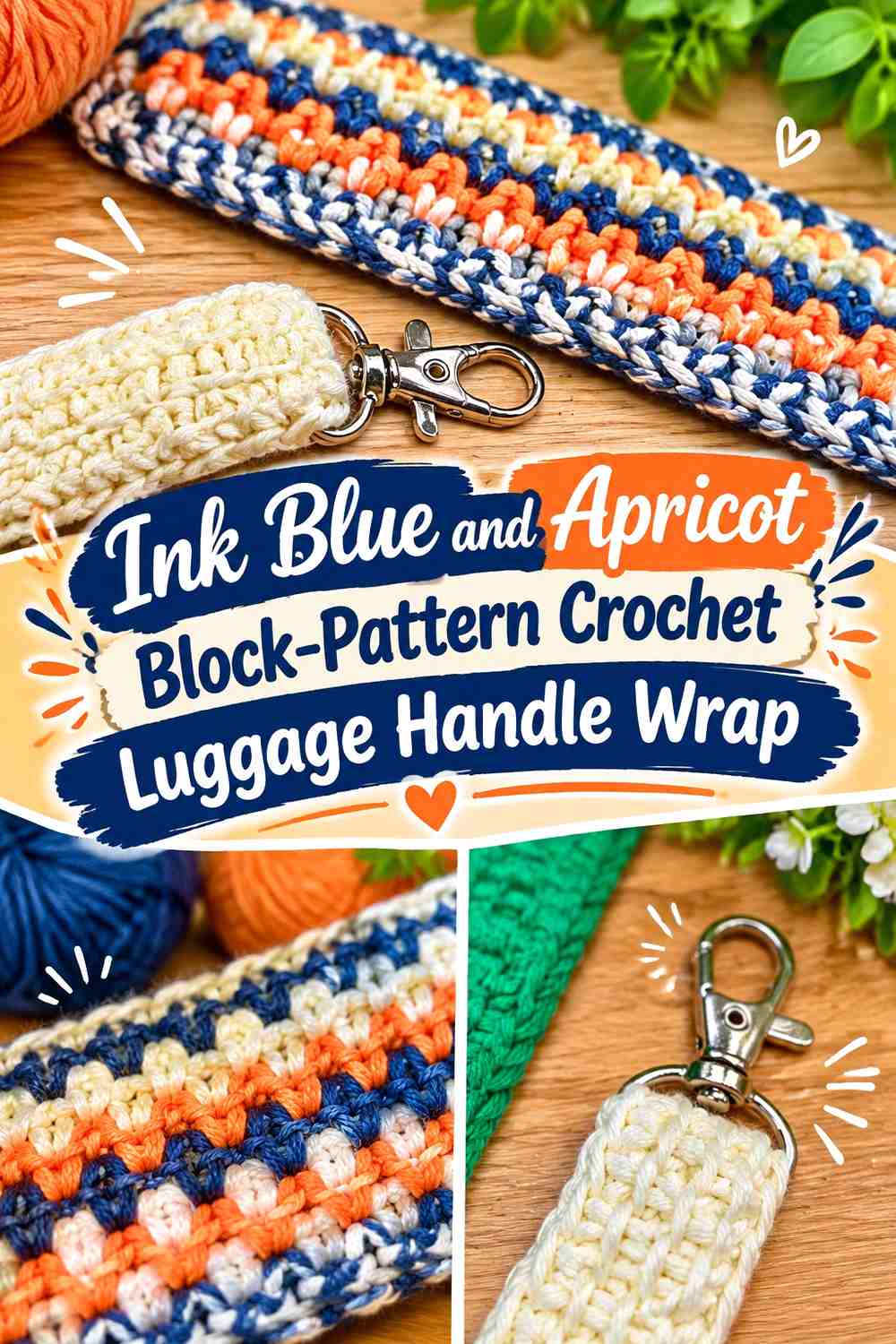11. Ink Blue And Apricot Block Pattern Crochet Luggage Handle Wrap
