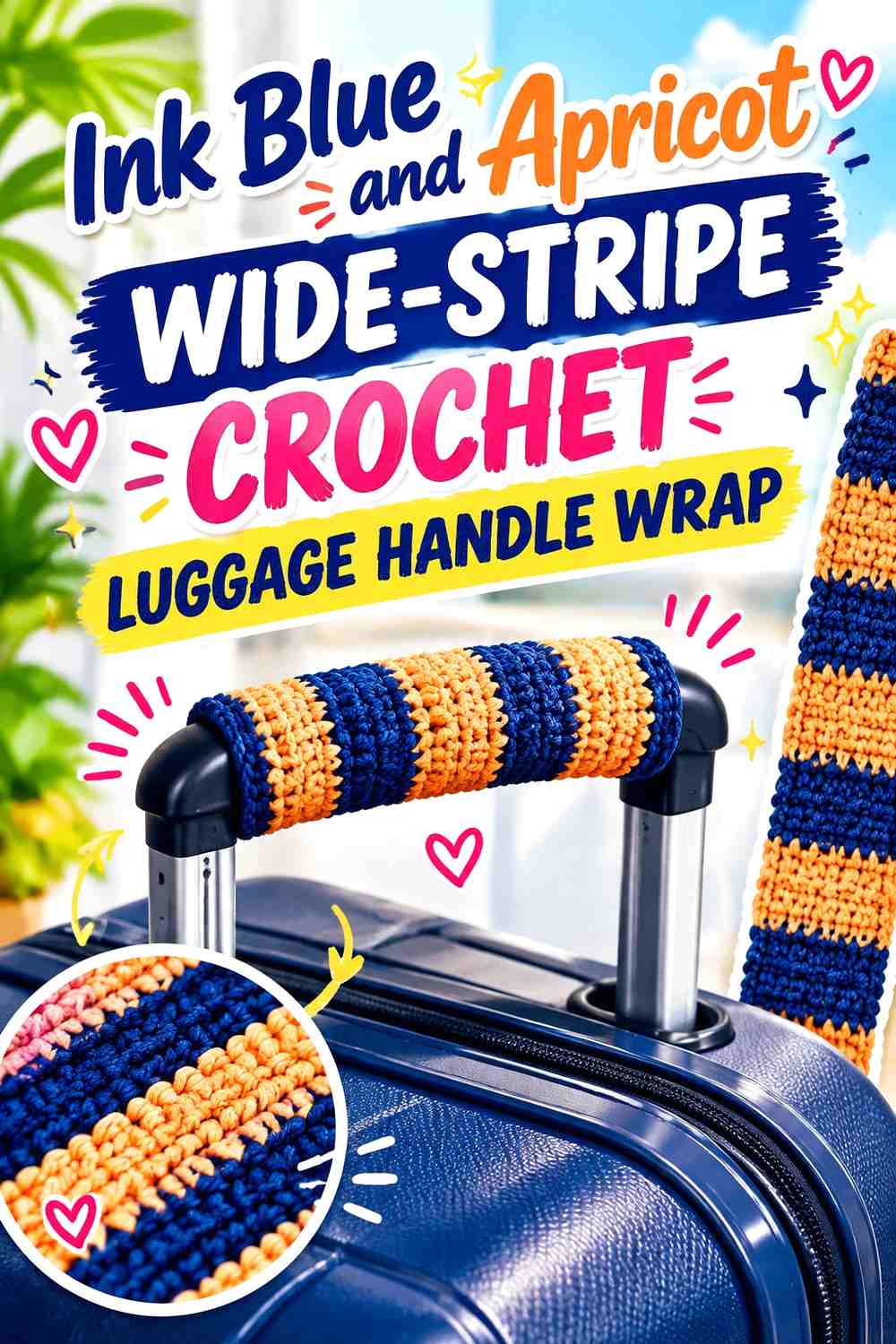 6. Ink Blue And Apricot Wide Stripe Crochet Luggage Handle Wrap