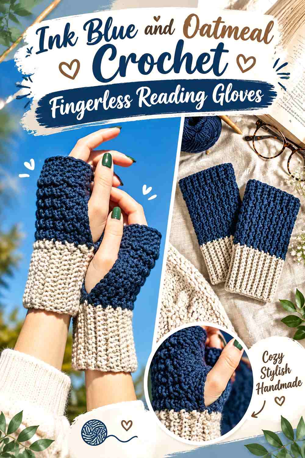 Ink Blue and Oatmeal Crochet Fingerless Reading Gloves