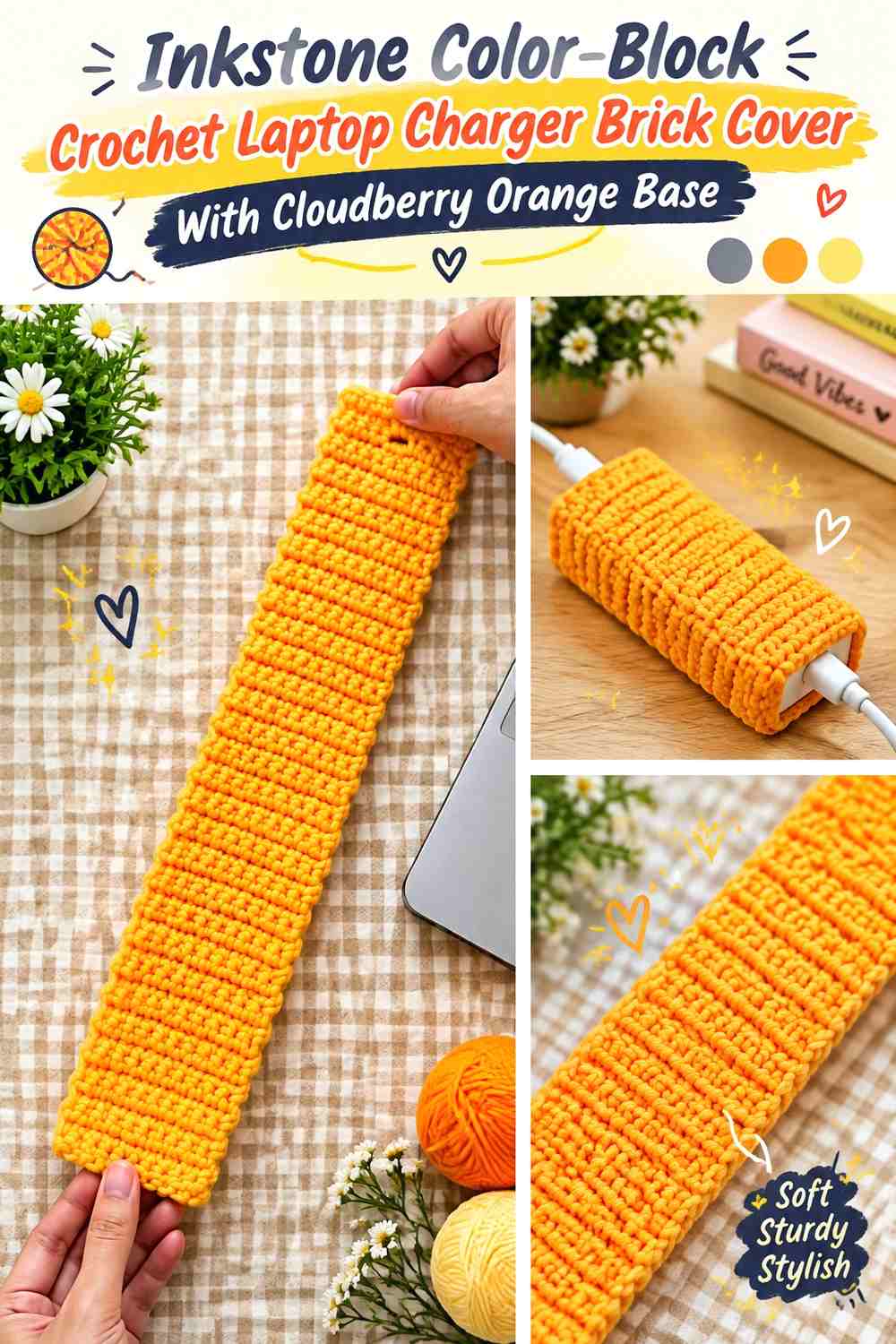 Inkstone Color-Block Crochet Laptop Charger Brick Cover With Cloudberry Orange Base