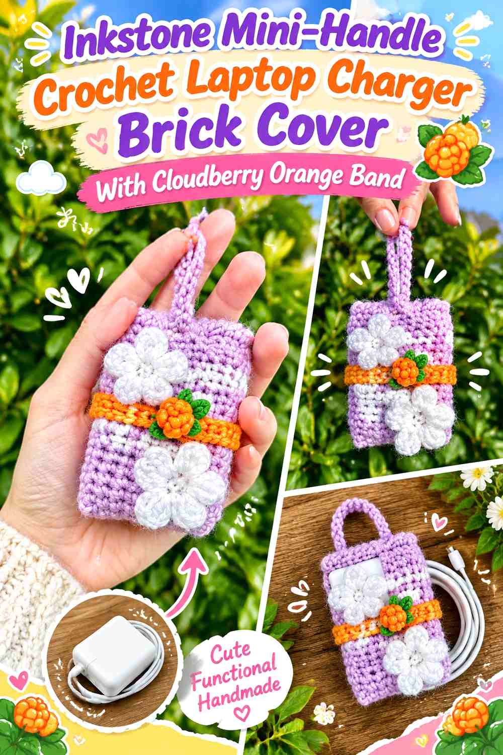 Inkstone Mini-Handle Crochet Laptop Charger Brick Cover With Cloudberry Orange Band