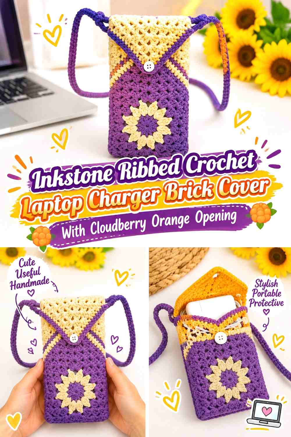 Inkstone Ribbed Crochet Laptop Charger Brick Cover With Cloudberry Orange Opening