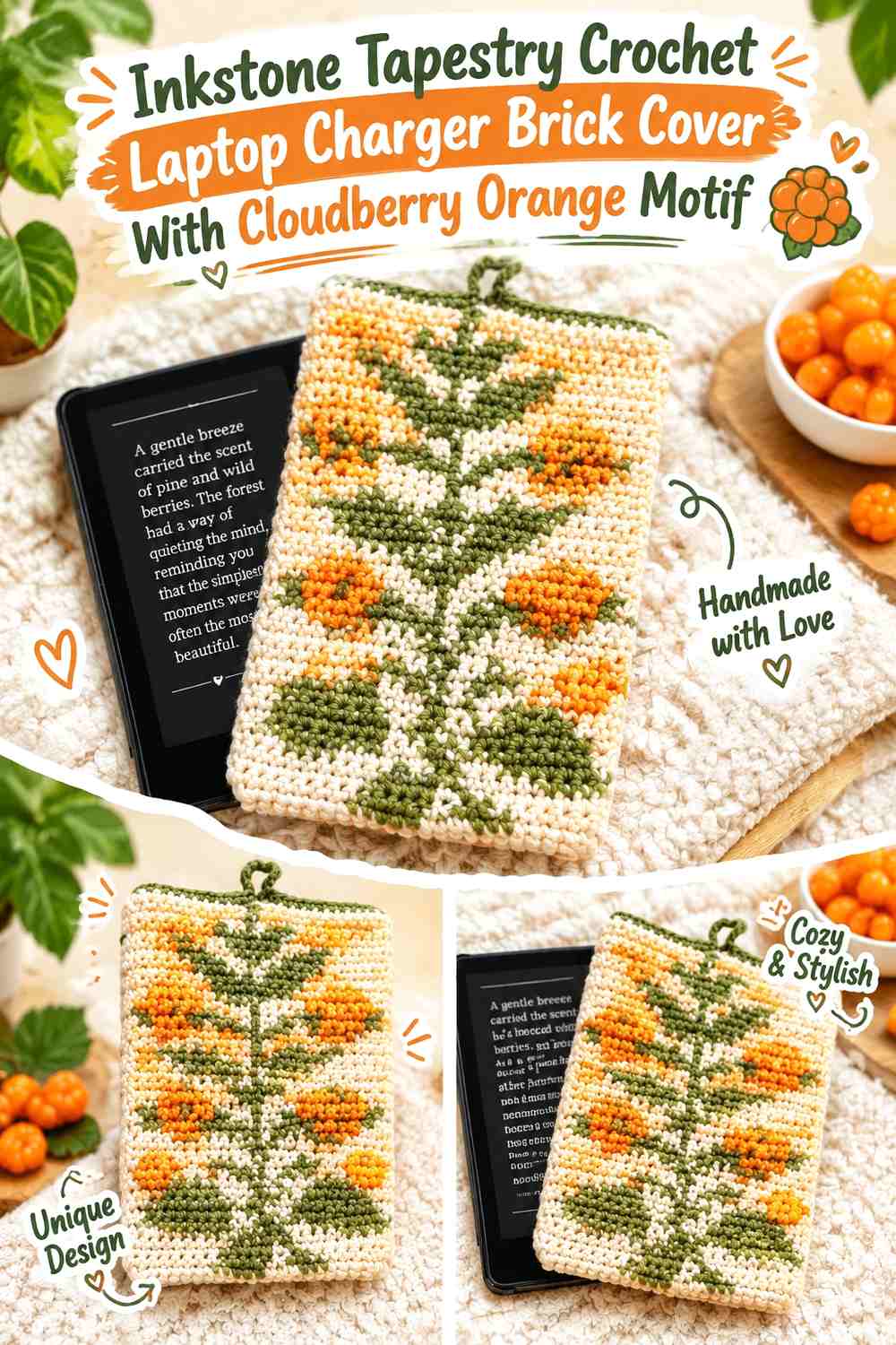 Inkstone Tapestry Crochet Laptop Charger Brick Cover With Cloudberry Orange Motif